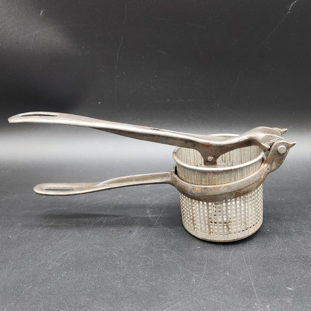 Vintage Silver Metal Potato Ricer Fruit Press Primitive Farmhouse Kitchen Tool